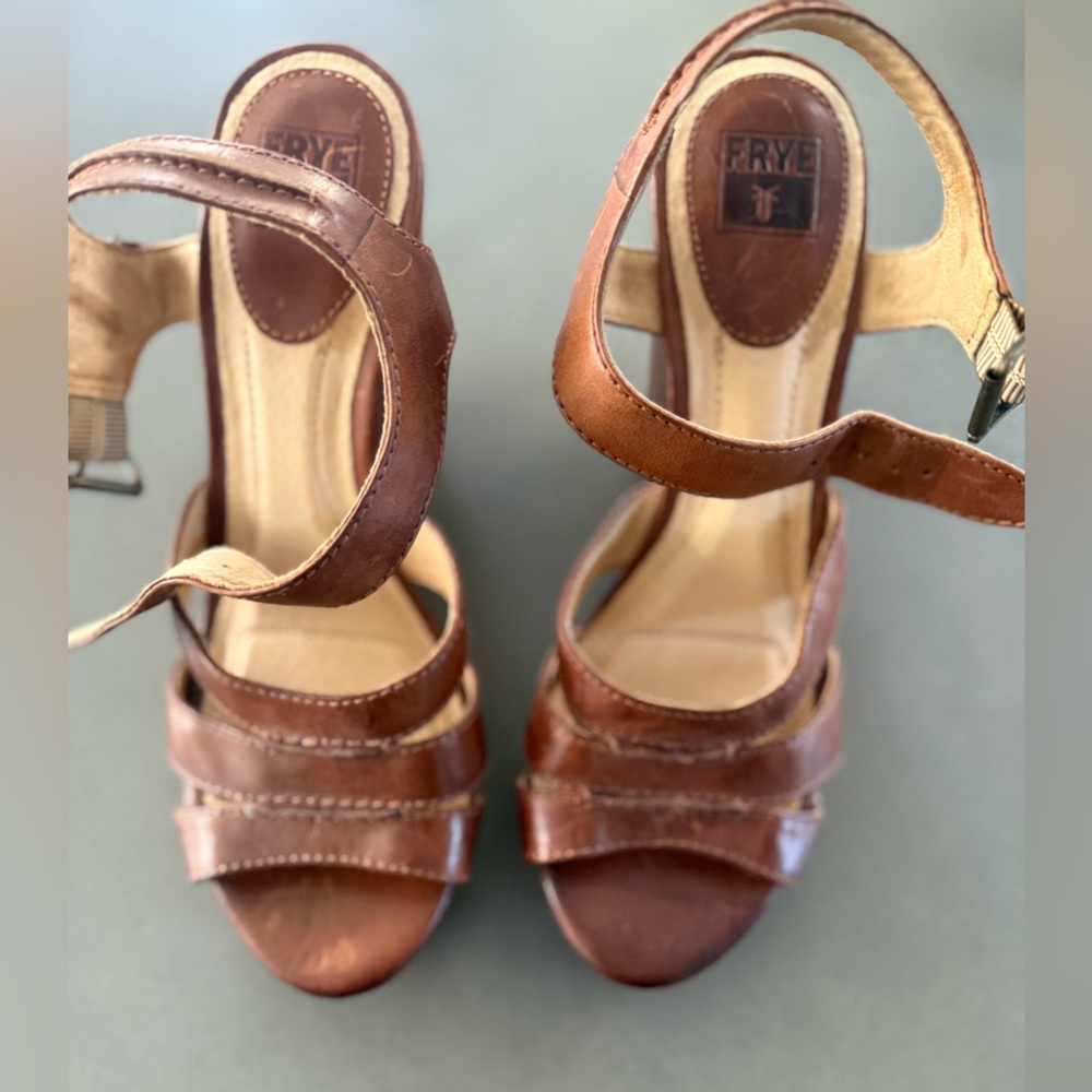 Frye Brown Leather Platform Wedge Sandals Ankle Strap 8.5